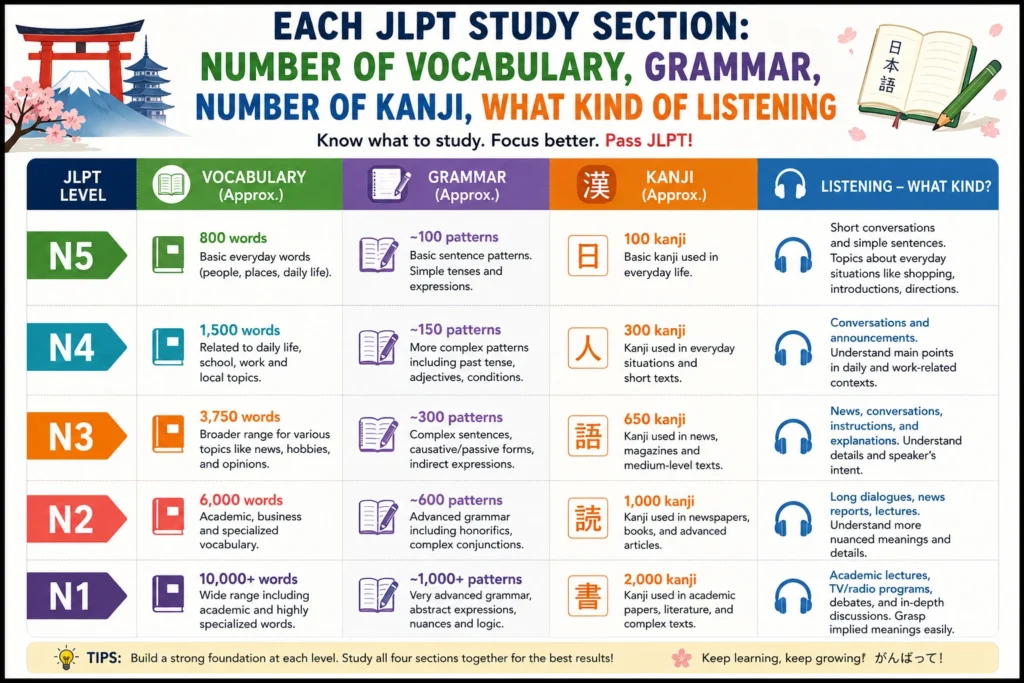 JLPT roadmap self-learning levels section breakdown