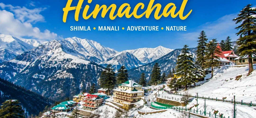 Shimla Manali Holiday 2026 Snow-covered Himachal Pradesh mountains with scenic hill station, pine trees, and colorful houses
