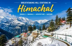 Shimla Manali Holiday 2026 Snow-covered Himachal Pradesh mountains with scenic hill station, pine trees, and colorful houses