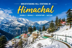 Shimla Manali Holiday 2026 Snow-covered Himachal Pradesh mountains with scenic hill station, pine trees, and colorful houses