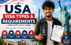 USA visa types and requirements 2026 guide for Indian travelers featuring tourist, student, work, business and visitor visas