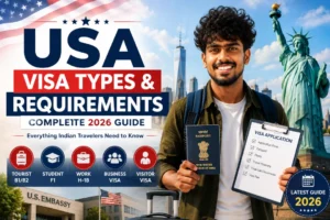 USA visa types and requirements 2026 guide for Indian travelers featuring tourist, student, work, business and visitor visas