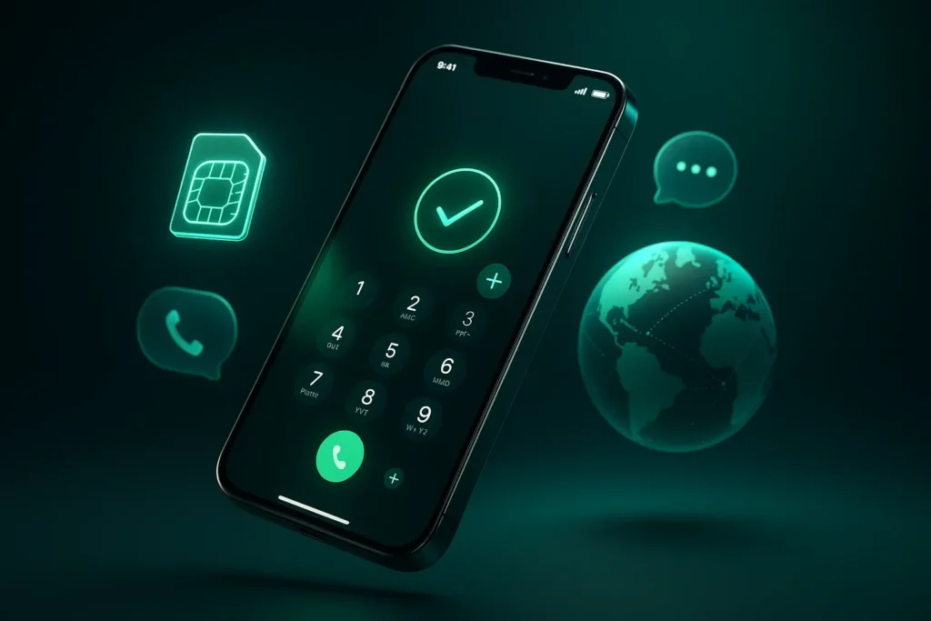 Smartphone dialer screen with SIM card, call, message, and globe icons glowing green, representing an eSIM that includes a real phone number