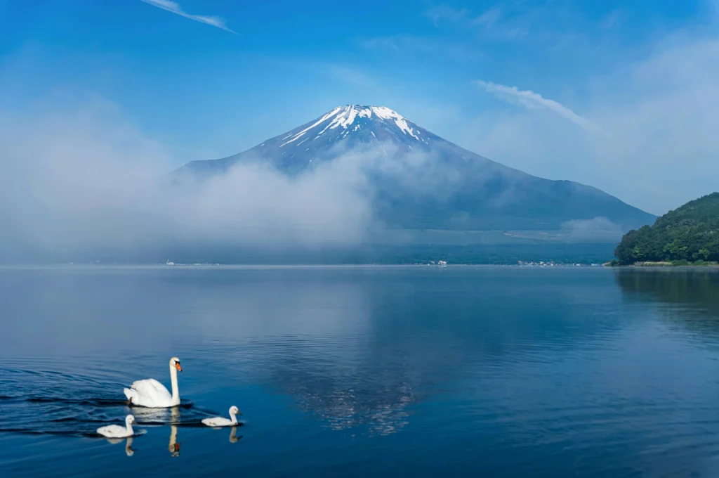 Lake Yamanaka with Mount Fuji reflected in calm water