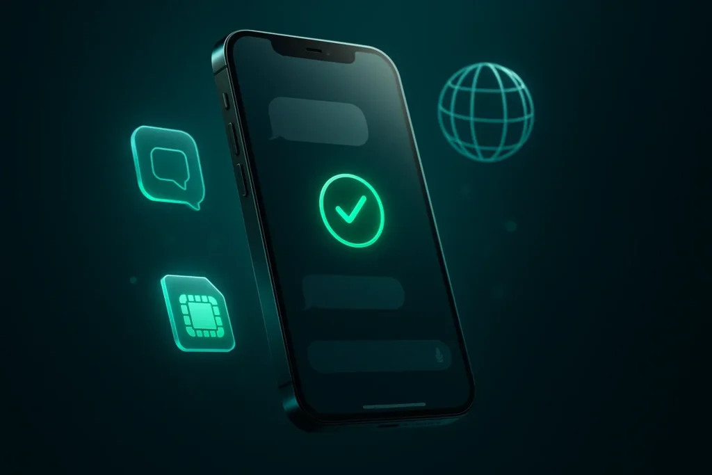 Smartphone with messaging app open next to SIM card and globe icons, illustrating whether eSIMs include a phone number