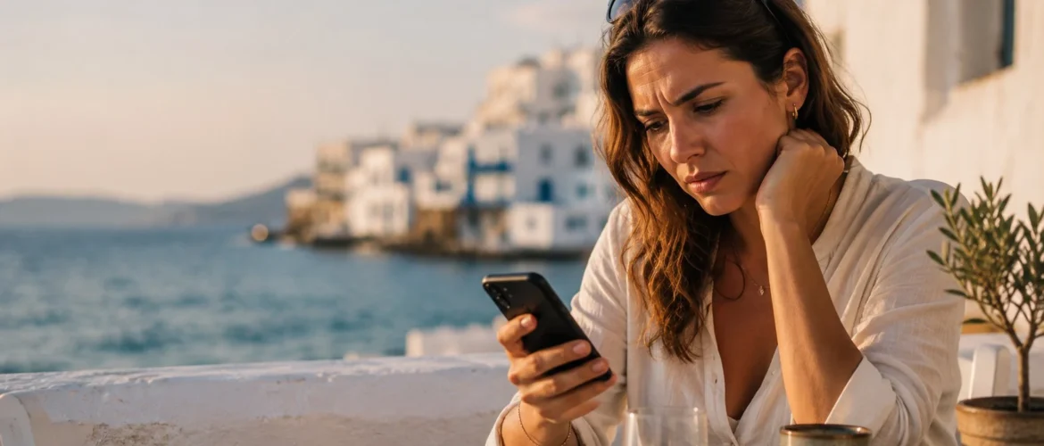 Woman sitting at a seaside café in Greece looking concerned at her phone while checking her mobile data connection