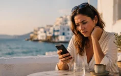 Woman sitting at a seaside café in Greece looking concerned at her phone while checking her mobile data connection