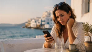 Woman sitting at a seaside café in Greece looking concerned at her phone while checking her mobile data connection
