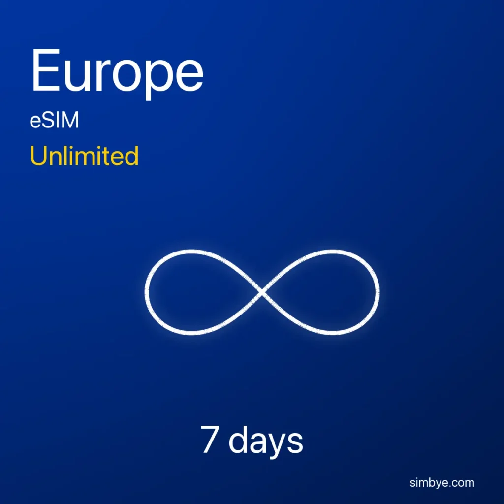 Simbye eSIM plan card for Europe showing unlimited data for 7 days with an infinity symbol