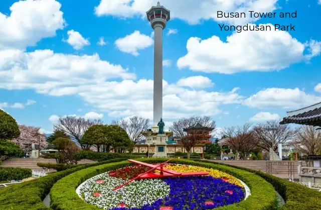 Scenic view of Busan Tower surrounded by Yongdusan Park in central Busan, South Korea.