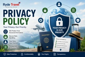 Ryde Travel Privacy Policy feature image with travel logo, privacy shield, lock, globe, passport, and data protection icons