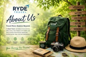 Ryde Travel About Us banner featuring Adventure, Nature, Culture, Relax and Memories