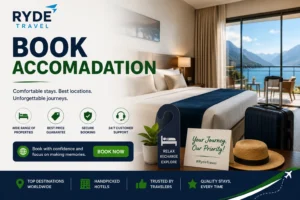 Ryde Travel accommodation booking banner featuring a comfortable hotel room, secure booking and travel services
