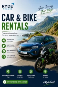 Ryde Travel car and bike rental banner with a car, motorcycle, and scenic coastal road