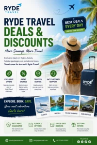 Ryde Travel deals and discounts banner featuring travel offers, flights, hotels, holiday packages, and car rentals