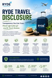 Ryde Travel disclosure banner explaining affiliate links, advertising, sponsored content, third-party links, and transparency.