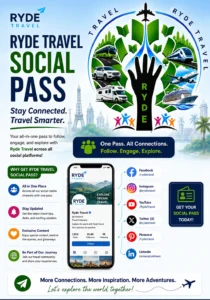 Ryde Travel Social Pass banner featuring social media connections, travel inspiration, and community benefits.