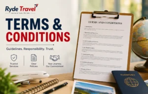 Ryde Travel Terms and Conditions document with travel passport and airplane