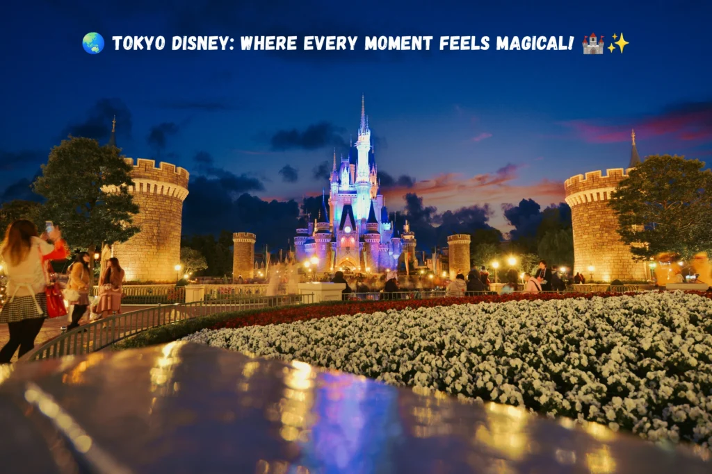 Tokyo Disneyland castle illuminated at night with flower beds