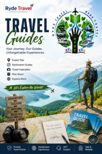 Ryde Travel Guides promotional graphic with scenic mountain lake, traveler, travel guide books, map, camera, and travel planning icons