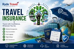 Ryde Travel travel insurance feature image with travel logo, insurance coverage shield, suitcase, passport, globe, and scenic mountain landscape