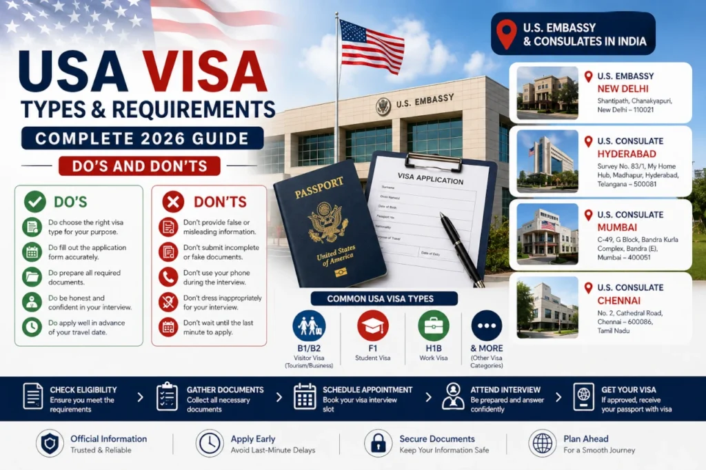USA visa types and requirements 2026 guide showing U.S. Embassy New Delhi, passport, visa application, and visa application do’s and don’ts