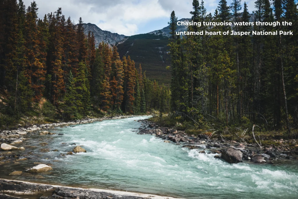 Jasper National Park road trip guide view of turquoise glacial lake waters surrounded by mountains and forest