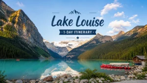 Turquoise waters of Lake Louise surrounded by snow-capped Rocky Mountains in Banff National Park