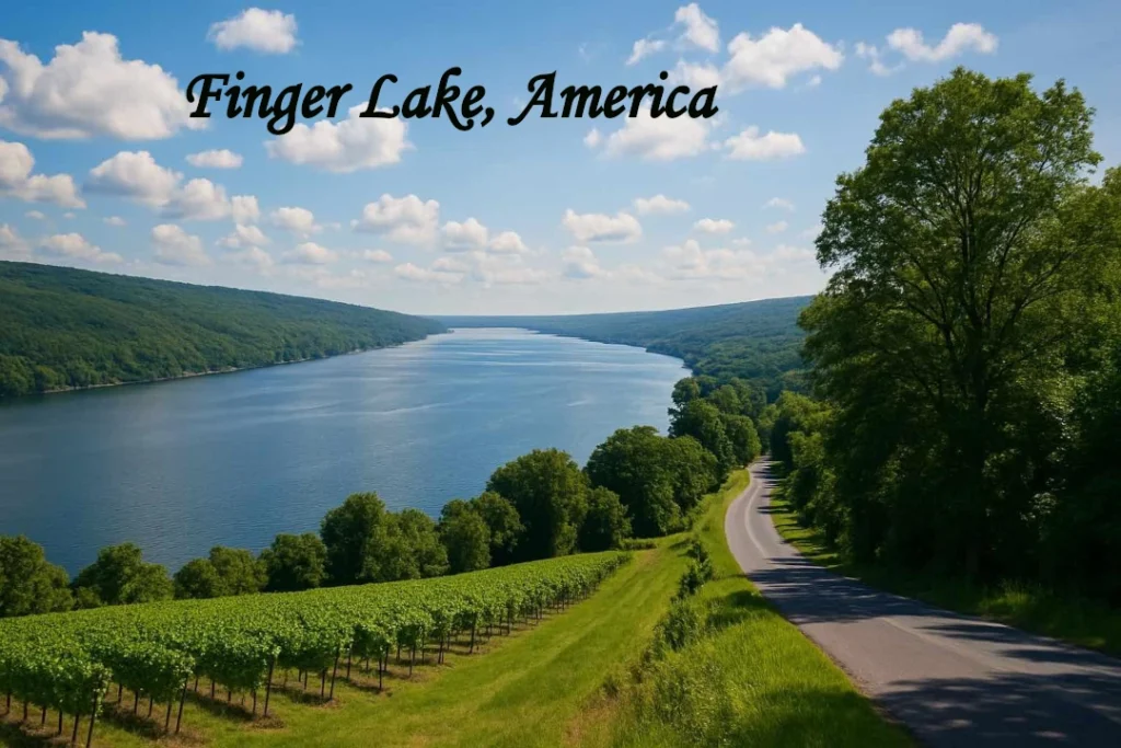 Scenic Finger Lakes in New York with vineyard and countryside road