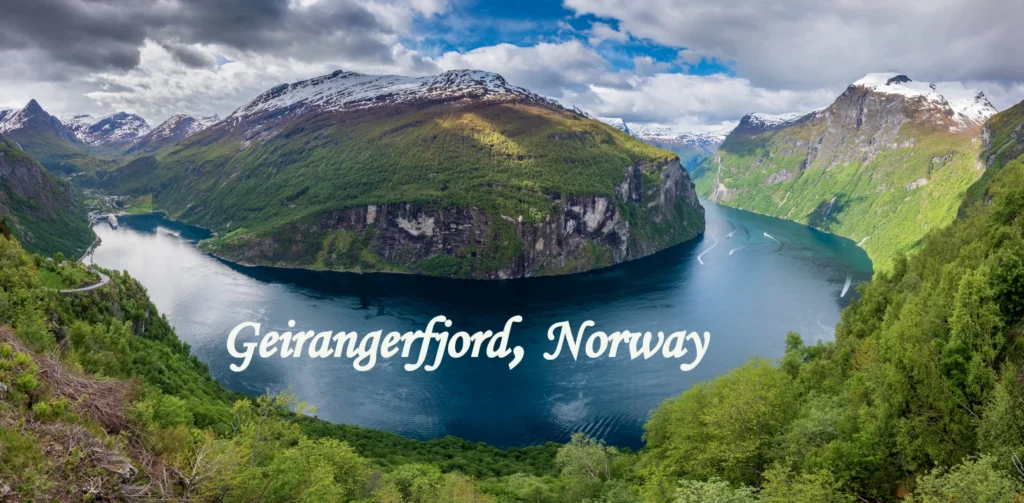 Geirangerfjord in Norway with steep cliffs and waterfalls