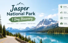 Jasper National Park road trip guide 1-day itinerary map showing Maligne Lake, Maligne Canyon, Pyramid Lake, and Lake Edith along a scenic mountain road