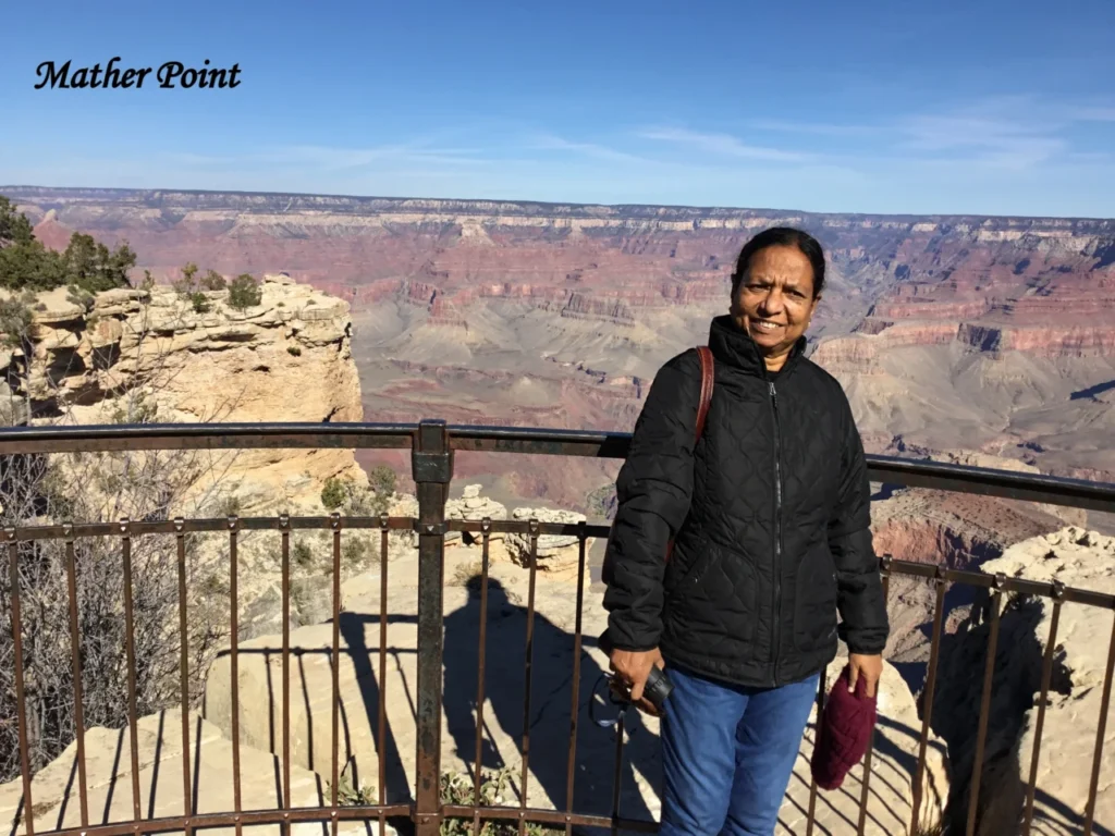 Mather Point offers breathtaking panoramic views of the Grand Canyon's colorful rock formations, deep valleys, and vast natural landscape.