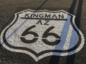 Kingman Arizona Route 66 road marking on historic Route 66 highway
