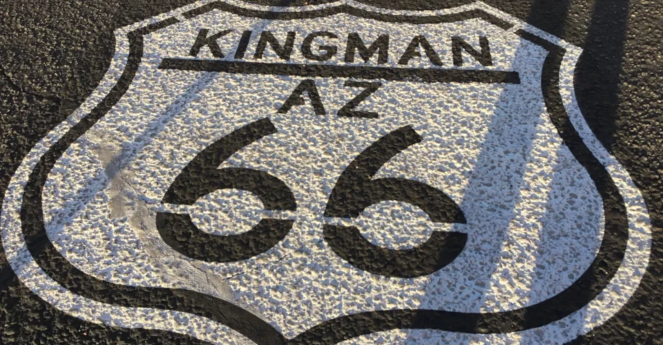 Kingman Arizona Route 66 road marking on historic Route 66 highway